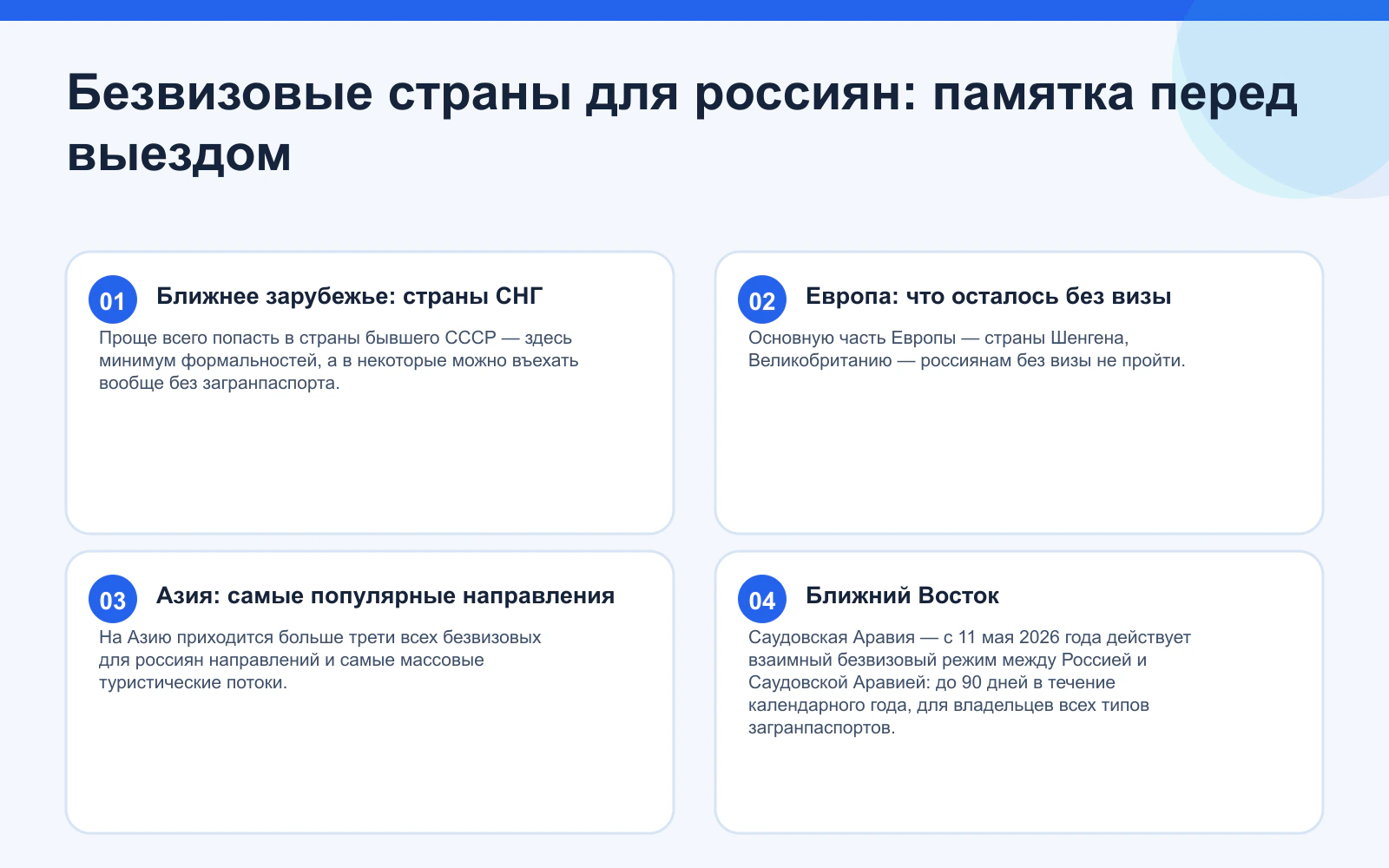Безвизовые страны для россиян: памятка перед выездом. Ближнее зарубежье: страны СНГ: Проще всего попасть в страны бывшего СССР — здесь минимум формальностей, а в некоторые можно въехать вообще без загранпаспорта. Европа: что осталось без визы: Основную часть Европы — страны Шенгена, Великобританию — россиянам без визы не пройти. Азия: самые популярные направления: На Азию приходится больше трети всех безвизовых для россиян направлений и самые массовые туристические потоки. Ближний Восток: Саудовская Аравия — с 11 мая 2026 года действует взаимный безвизовый режим между Россией и Саудовской Аравией: до 90 дней в течение календарного года, для владельцев всех типов загранпаспортов.