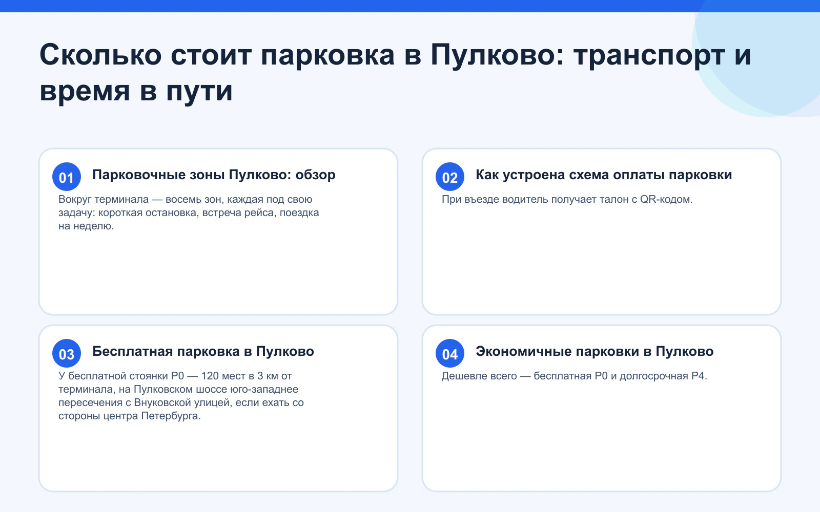 Сколько стоит парковка в Пулково: транспорт и время в пути. Парковочные зоны Пулково: обзор: Вокруг терминала — восемь зон, каждая под свою задачу: короткая остановка, встреча рейса, поездка на неделю. Как устроена схема оплаты парковки: При въезде водитель получает талон с QR-кодом. Бесплатная парковка в Пулково: У бесплатной стоянки P0 — 120 мест в 3 км от терминала, на Пулковском шоссе юго-западнее пересечения с Внуковской улицей, если ехать со стороны центра Петербурга. Экономичные парковки в Пулково: Дешевле всего — бесплатная P0 и долгосрочная P4.